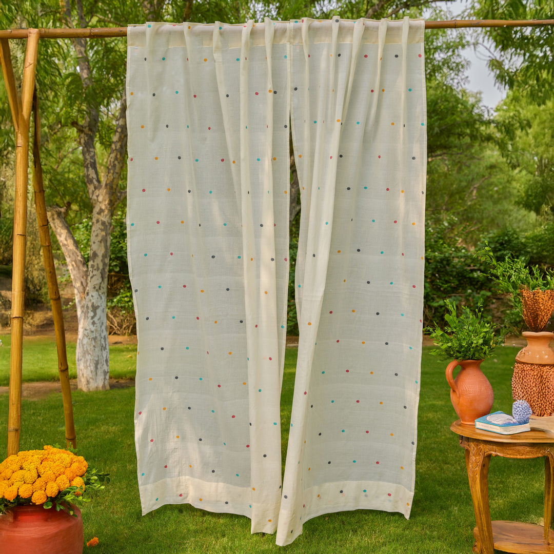 White &amp; Multicolor Polka Jamdani Cotton Handloom Curtain-Curtains-House of Ekam
