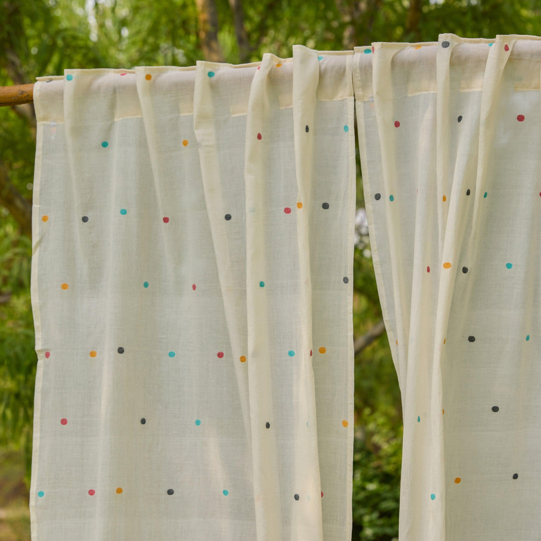 White &amp; Multicolor Polka Jamdani Cotton Handloom Curtain-Curtains-House of Ekam