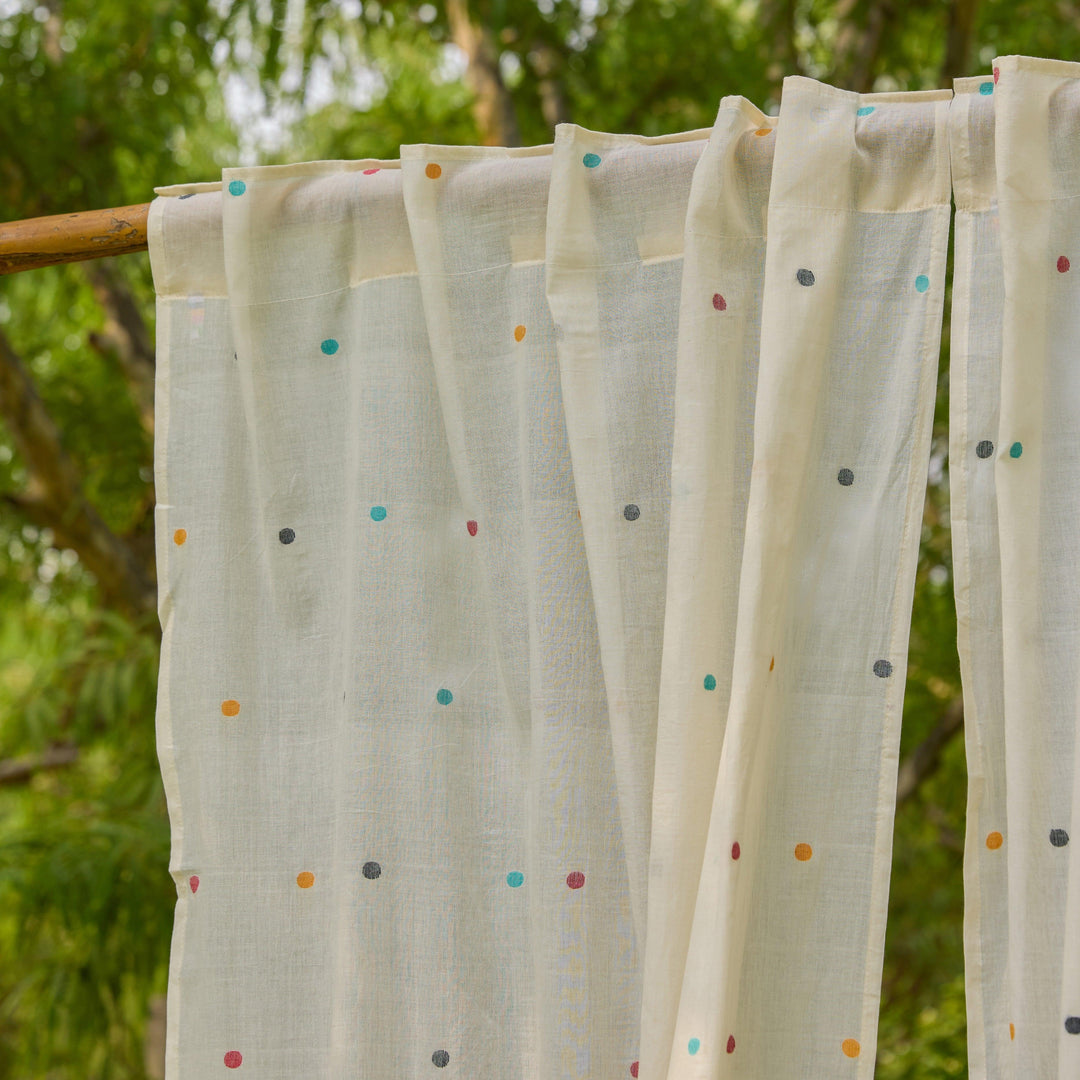 White &amp; Multicolor Polka Jamdani Cotton Handloom Curtain-Curtains-House of Ekam