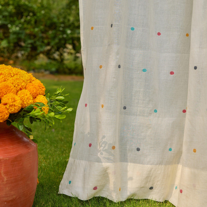 White &amp; Multicolor Polka Jamdani Cotton Handloom Curtain-Curtains-House of Ekam