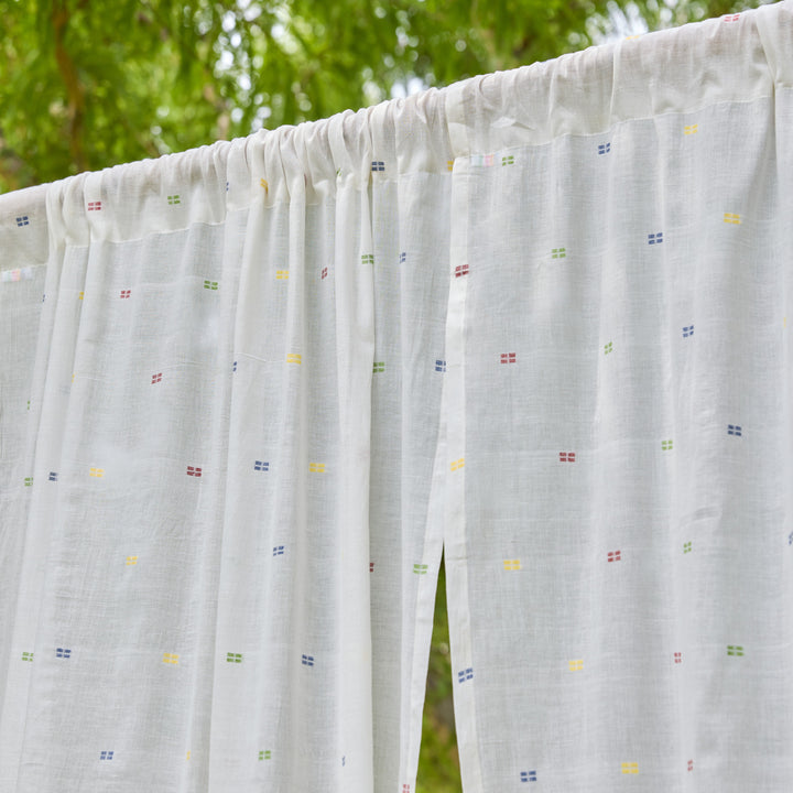 White &amp; Multicolor Shutor Saaj Jamdani Cotton Handloom Curtain-Curtains-House of Ekam