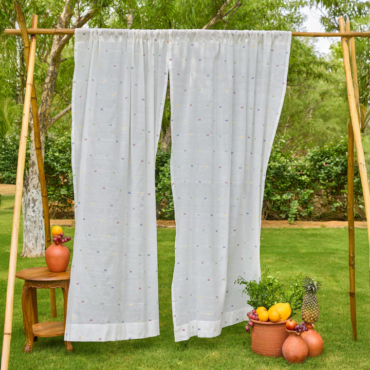 White &amp; Multicolor Shutor Saaj Jamdani Cotton Handloom Curtain-Curtains-House of Ekam