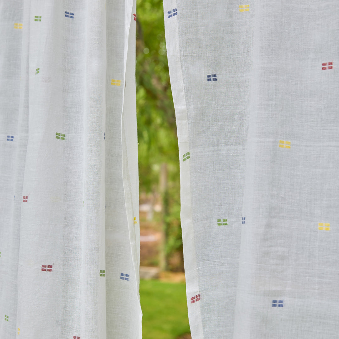 White &amp; Multicolor Shutor Saaj Jamdani Cotton Handloom Curtain-Curtains-House of Ekam