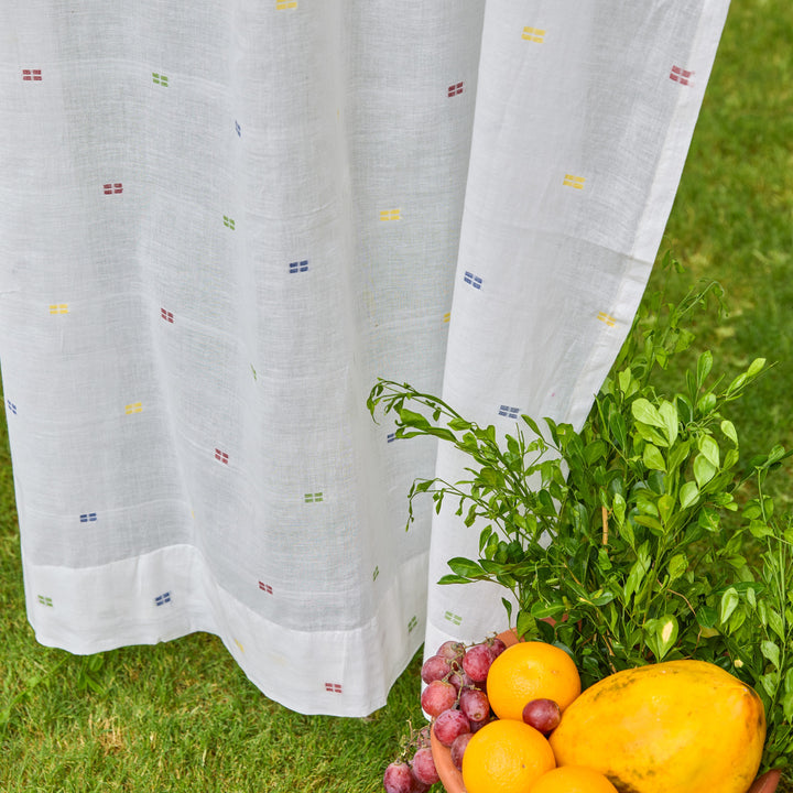 White &amp; Multicolor Shutor Saaj Jamdani Cotton Handloom Curtain-Curtains-House of Ekam