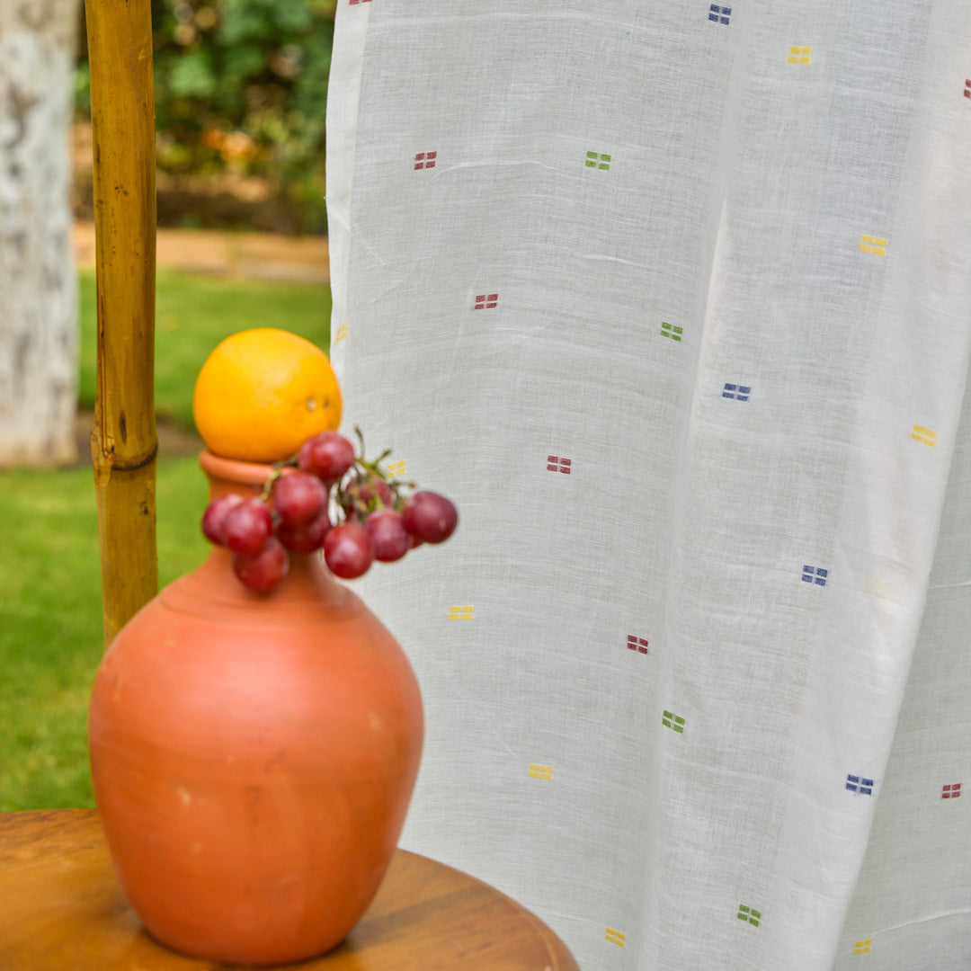 White &amp; Multicolor Shutor Saaj Jamdani Cotton Handloom Curtain-Curtains-House of Ekam
