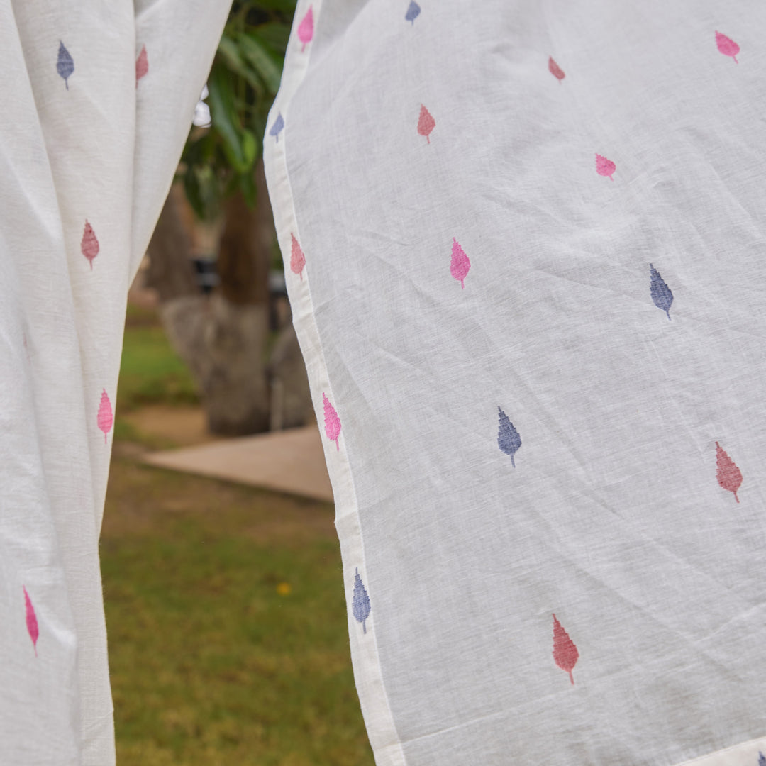 White Padma Jhalok Jamdani Cotton Handloom Curtain-Curtains-House of Ekam