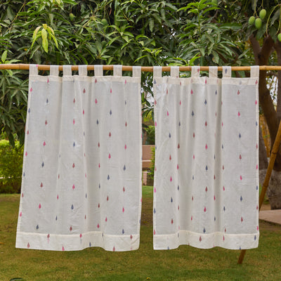 White Padma Jhalok Jamdani Cotton Handloom Curtain-Curtains-House of Ekam