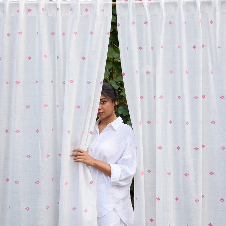 White &amp; Pink Neer Jamdani Cotton Handloom Curtain-Curtains-House of Ekam