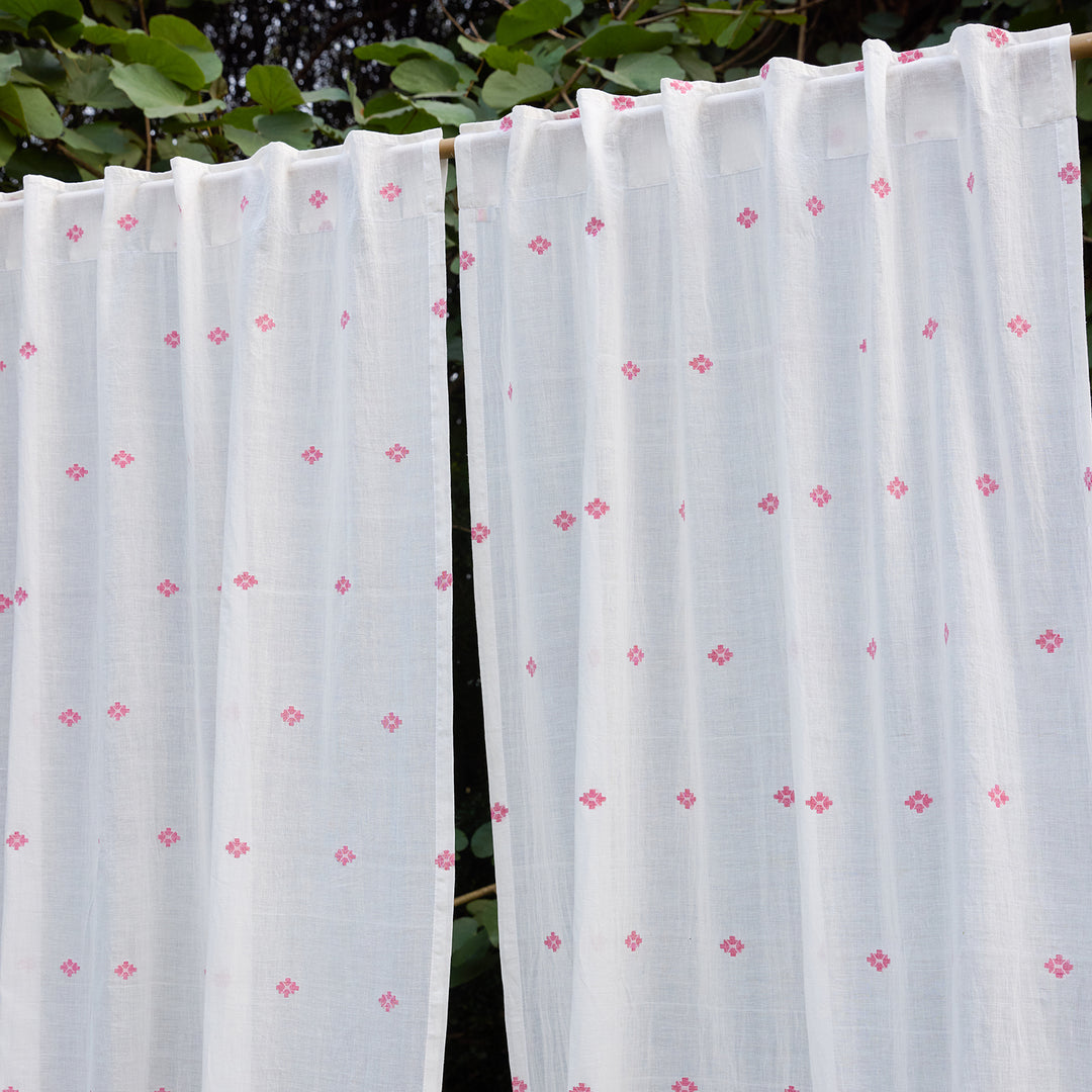 White &amp; Pink Neer Jamdani Cotton Handloom Curtain-Curtains-House of Ekam