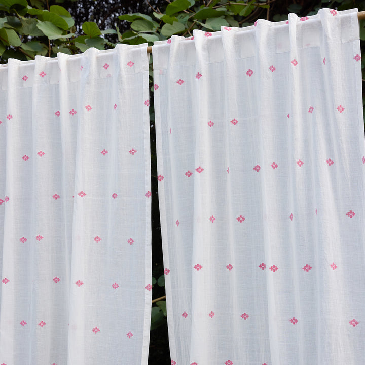 White &amp; Pink Neer Jamdani Cotton Handloom Curtain-Curtains-House of Ekam