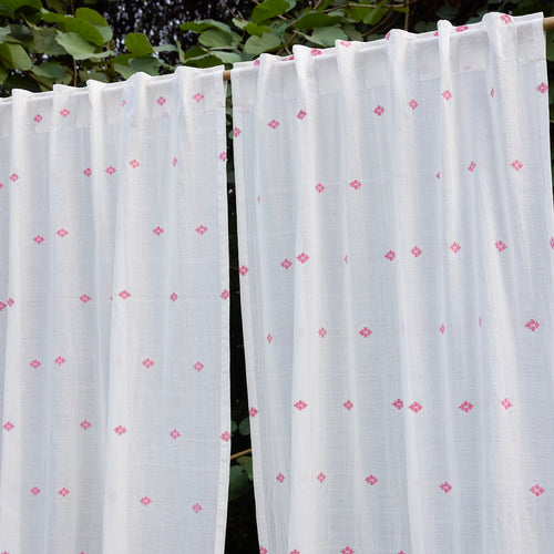 White & Pink Neer Jamdani Cotton Handloom Curtain-Curtains-House of Ekam