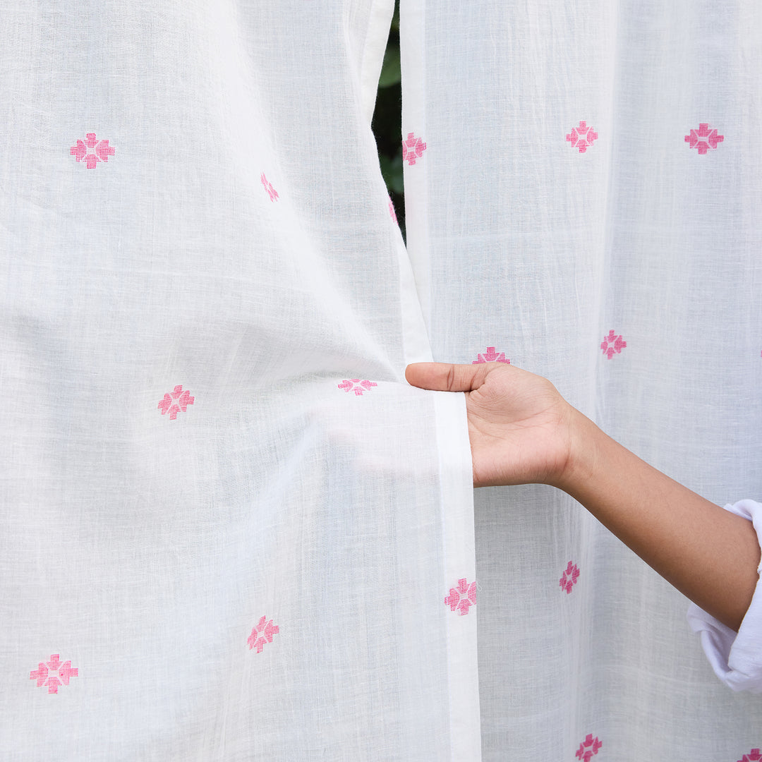 White &amp; Pink Neer Jamdani Cotton Handloom Curtain-Curtains-House of Ekam