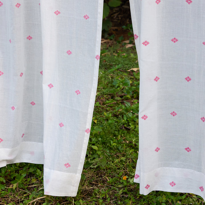 White &amp; Pink Neer Jamdani Cotton Handloom Curtain-Curtains-House of Ekam