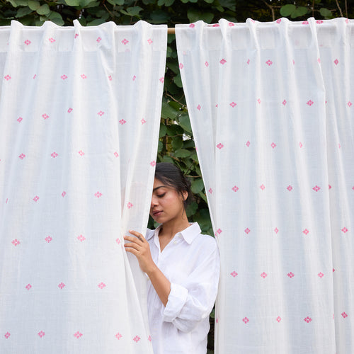 White & Pink Neer Jamdani Cotton Handloom Curtain-Curtains-House of Ekam