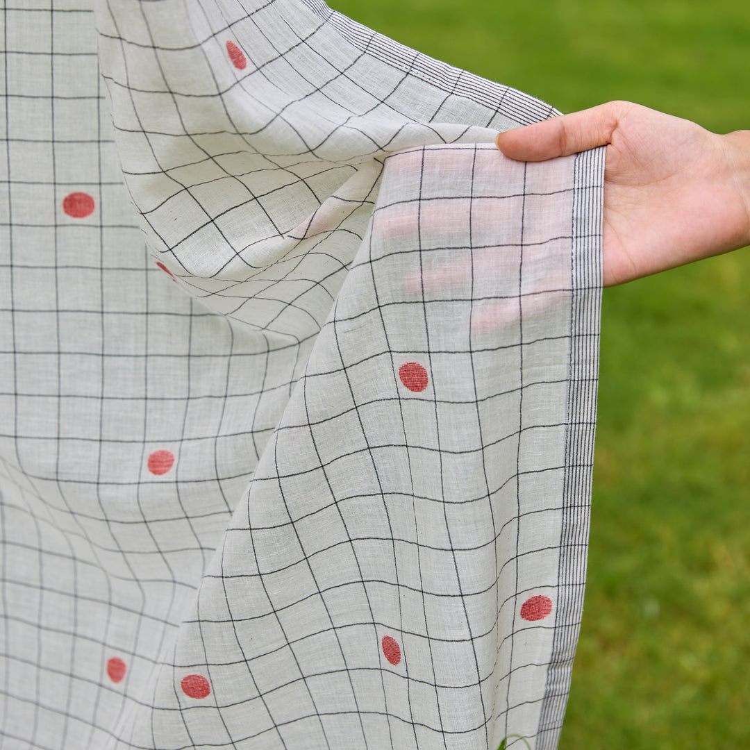 White &amp; Red Checks Jamdani Cotton Handloom Curtain-Curtains-House of Ekam