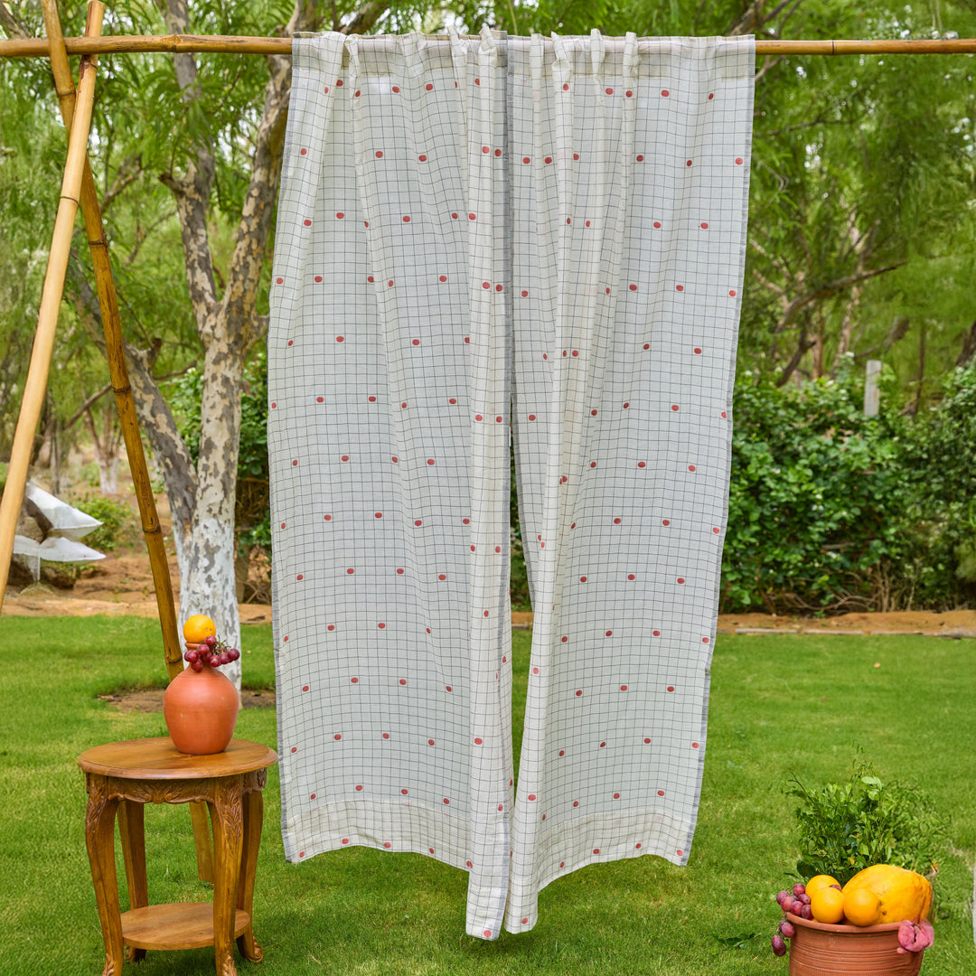 White &amp; Red Checks Jamdani Cotton Handloom Curtain-Curtains-House of Ekam