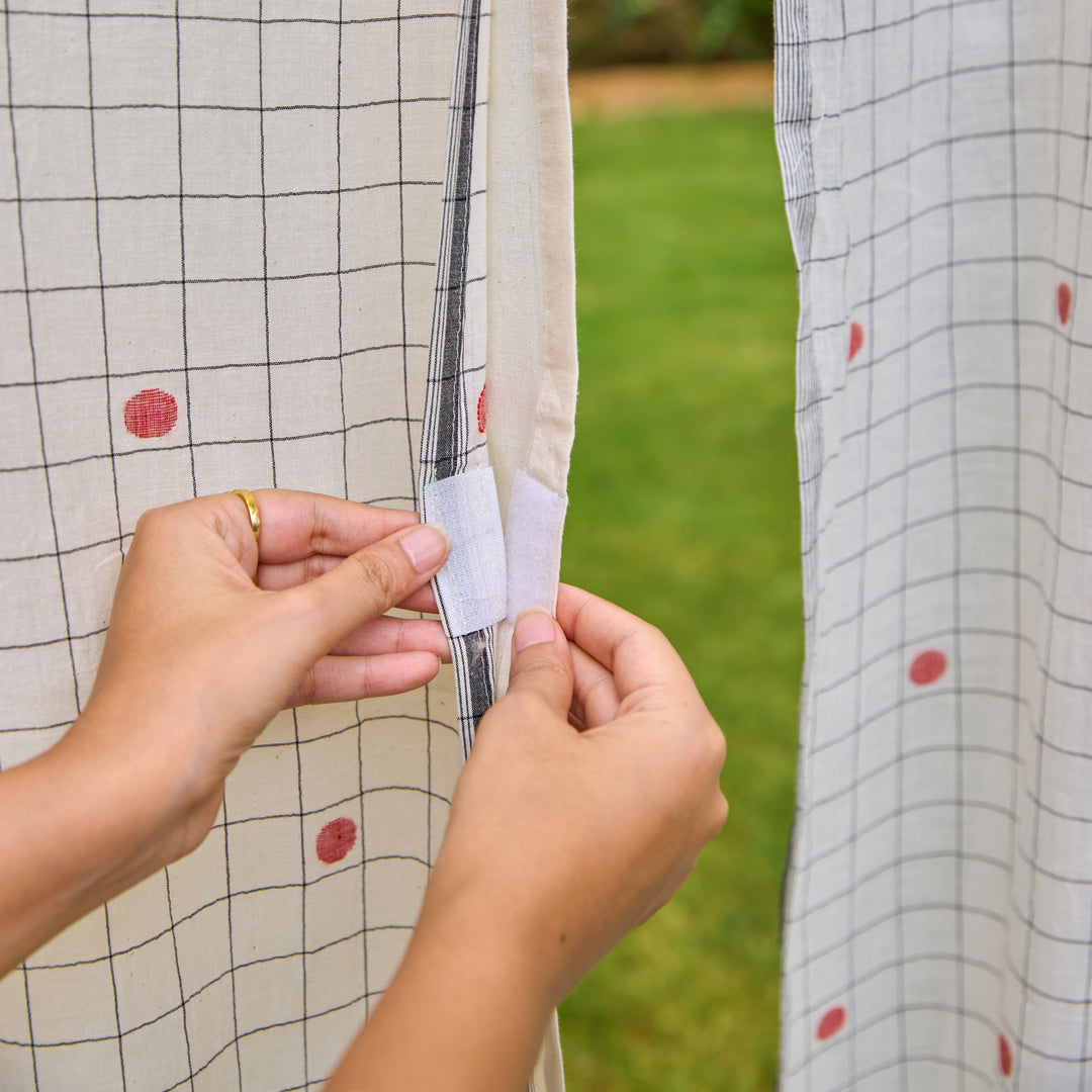 White &amp; Red Checks Jamdani Cotton Handloom Curtain-Curtains-House of Ekam