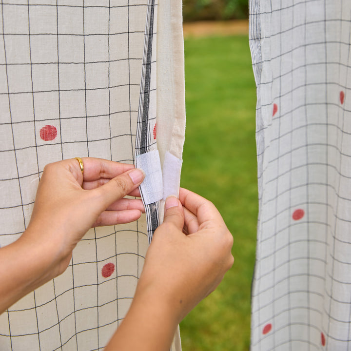 White &amp; Red Checks Jamdani Cotton Handloom Curtain-Curtains-House of Ekam