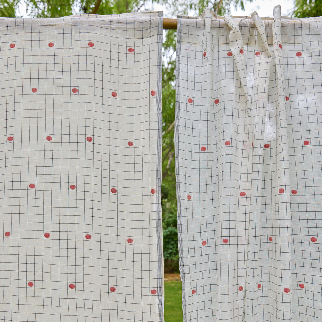 White &amp; Red Checks Jamdani Cotton Handloom Curtain-Curtains-House of Ekam