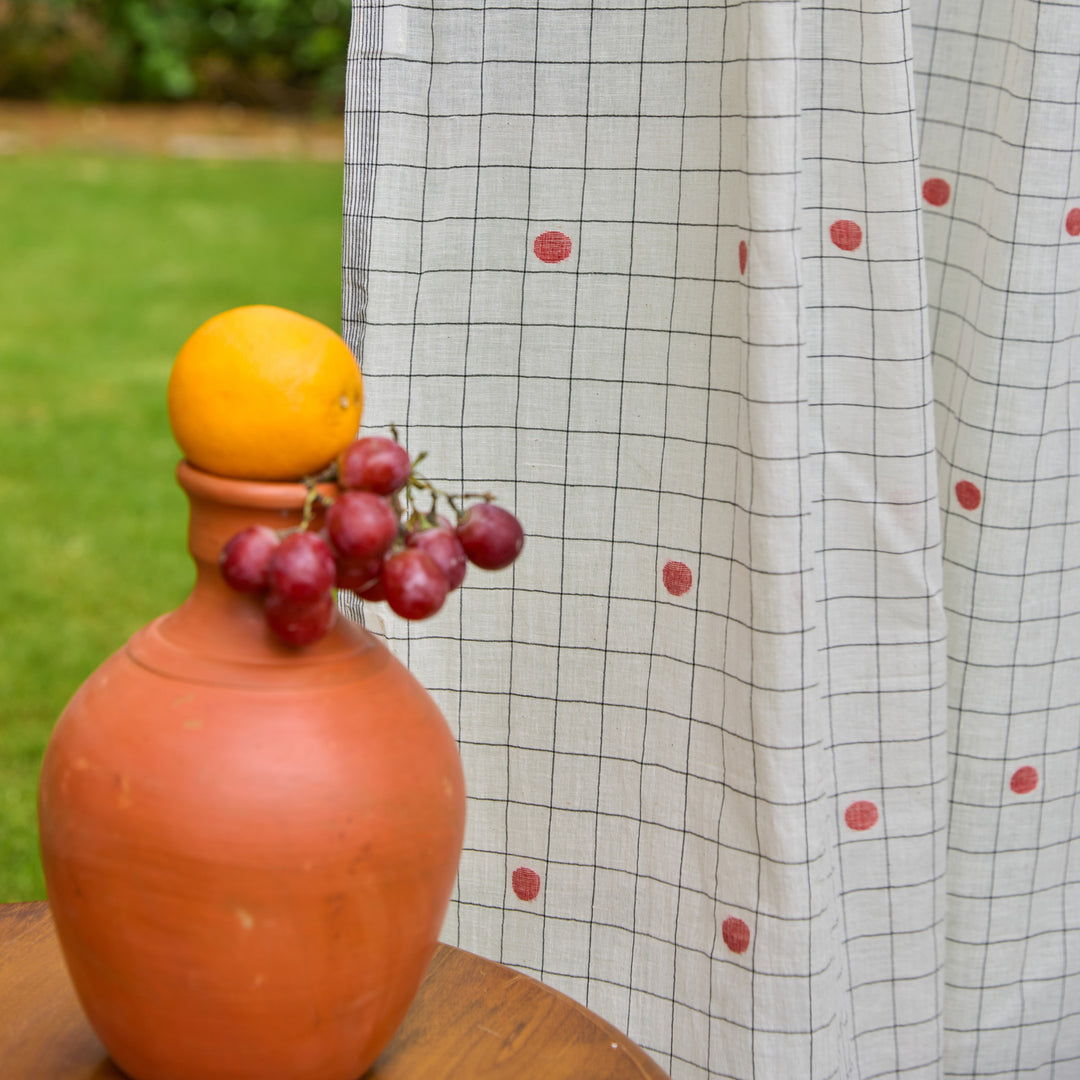 White &amp; Red Checks Jamdani Cotton Handloom Curtain-Curtains-House of Ekam