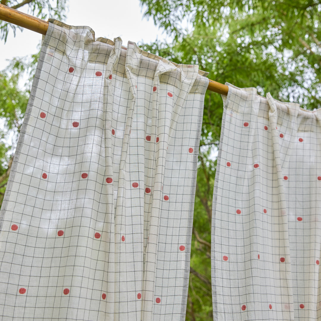 White &amp; Red Checks Jamdani Cotton Handloom Curtain-Curtains-House of Ekam
