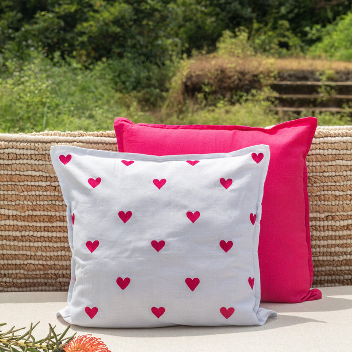 White &amp; Red Heart Embroidered Tropicasa Cushion Cover-Cushion Covers-House of Ekam