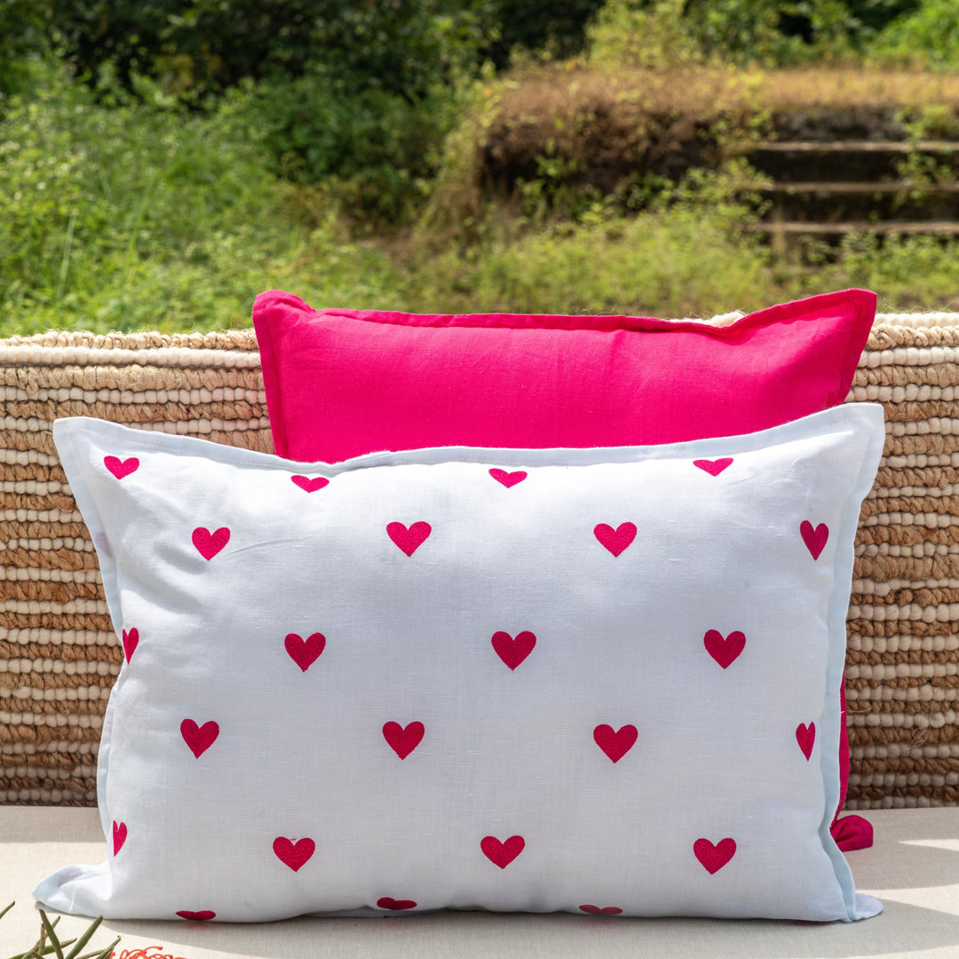 White &amp; Red Heart Embroidered Tropicasa Cushion Cover-Cushion Covers-House of Ekam
