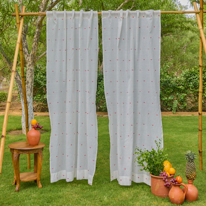 White &amp; Red Heart Jamdani Cotton Handloom Curtain-Curtains-House of Ekam