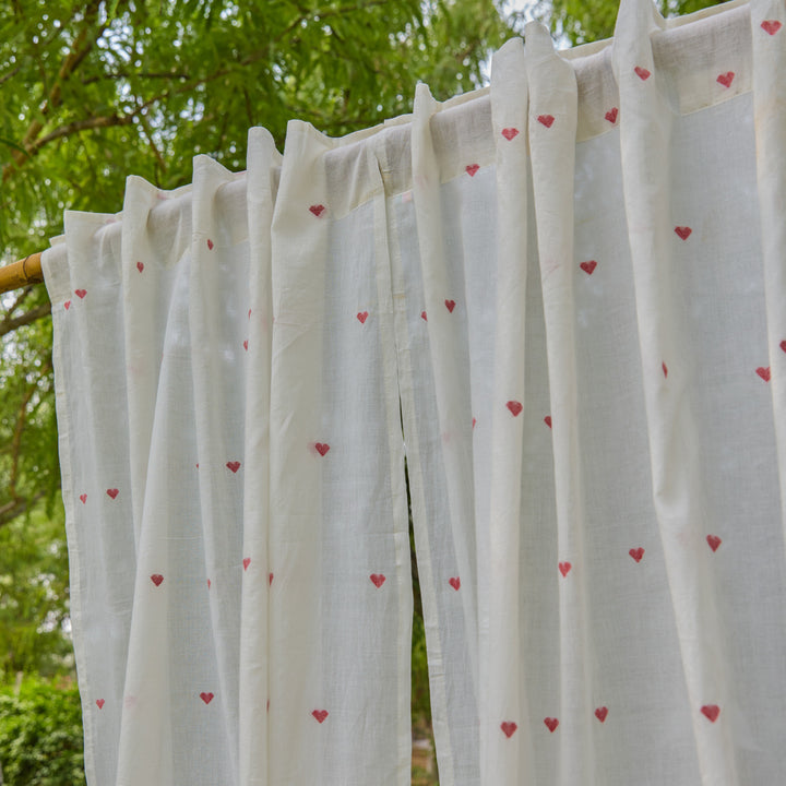 White &amp; Red Heart Jamdani Cotton Handloom Curtain-Curtains-House of Ekam