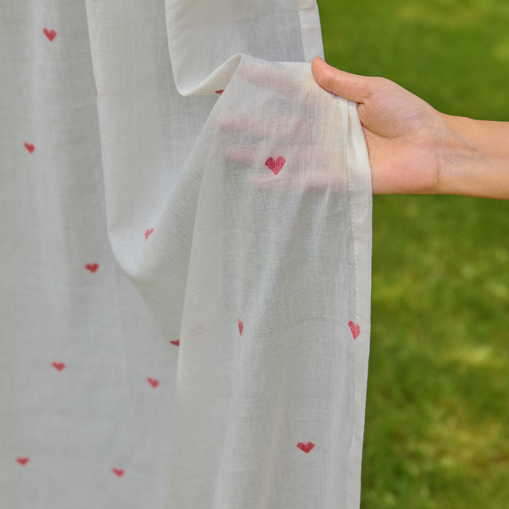 White &amp; Red Heart Jamdani Cotton Handloom Curtain-Curtains-House of Ekam