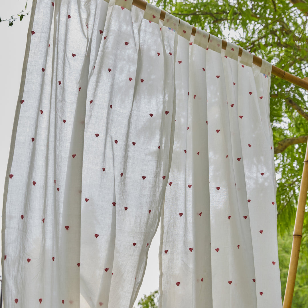 White &amp; Red Heart Jamdani Cotton Handloom Curtain-Curtains-House of Ekam