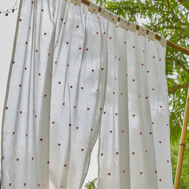 White &amp; Red Heart Jamdani Cotton Handloom Curtain-Curtains-House of Ekam