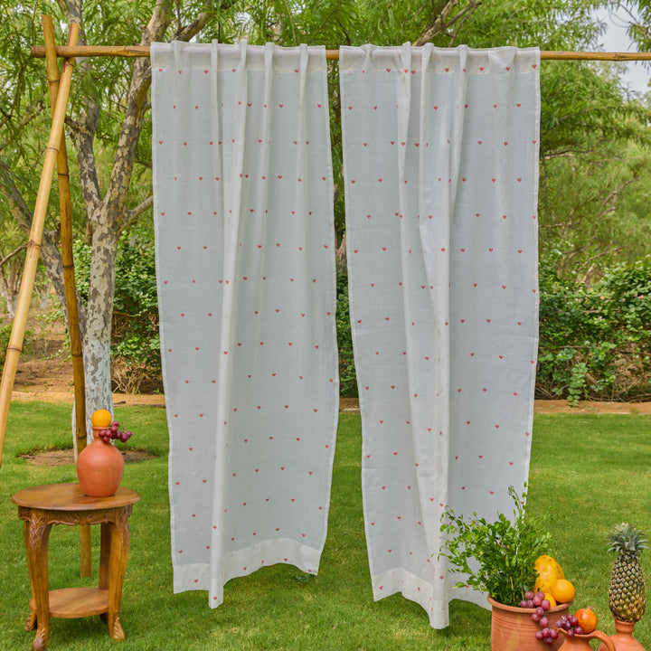 White &amp; Red Heart Jamdani Cotton Handloom Curtain-Curtains-House of Ekam