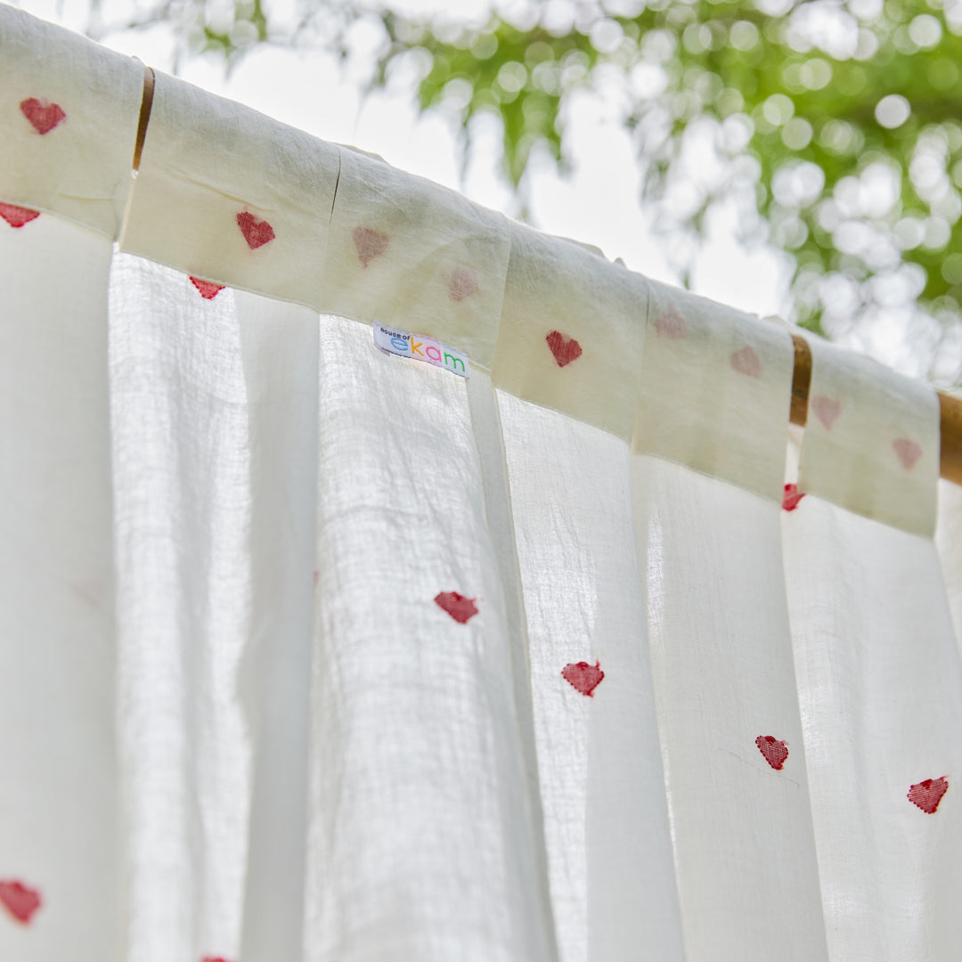 White &amp; Red Heart Jamdani Cotton Handloom Curtain-Curtains-House of Ekam
