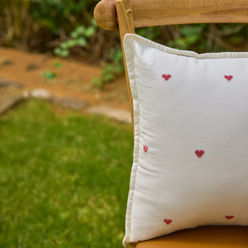 White Red Heart Jamdani Cotton Handloom Cushion Cover-Cushion Covers-House of Ekam