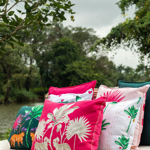 White Stripe Palm Tropicasa Cushion Cover-Cushion Covers-House of Ekam