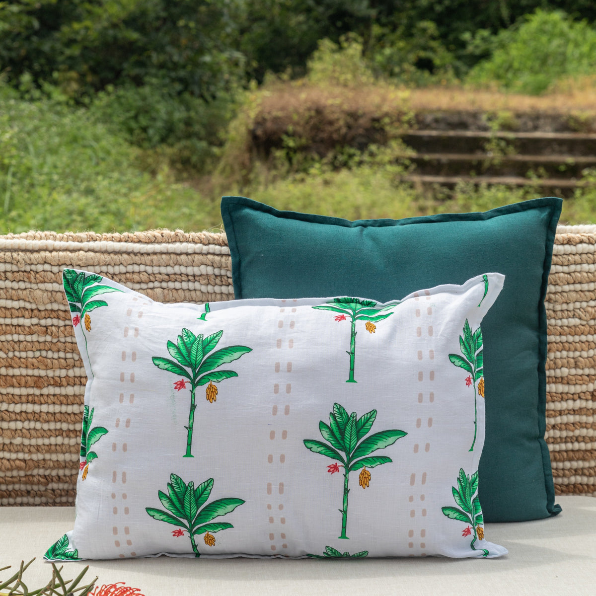 White Stripe Palm Tropicasa Cushion Cover-Cushion Covers-House of Ekam