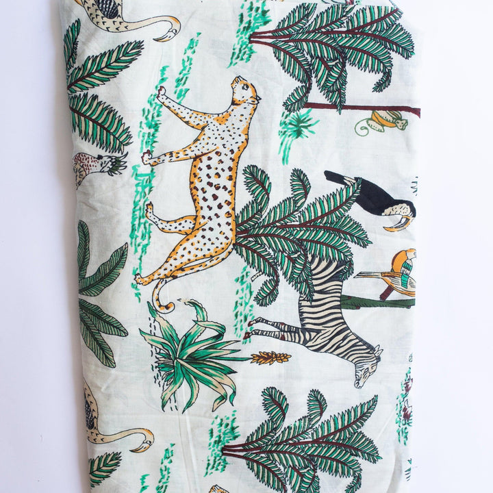 White Tropical Safari Hand Screenprinted Cotton Fabric-fabric-House of Ekam