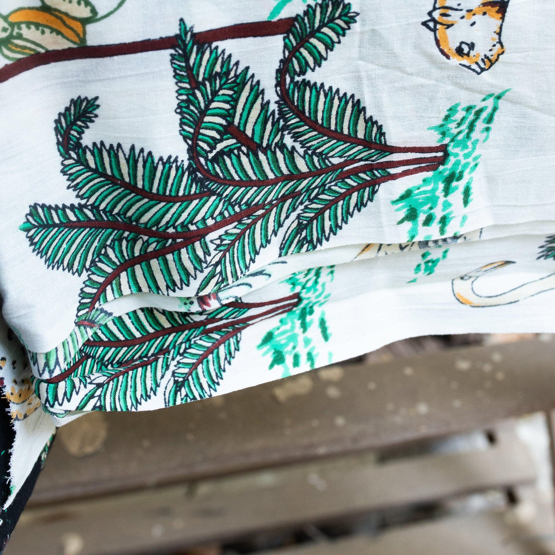 White Tropical Safari Hand Screenprinted Cotton Fabric-fabric-House of Ekam