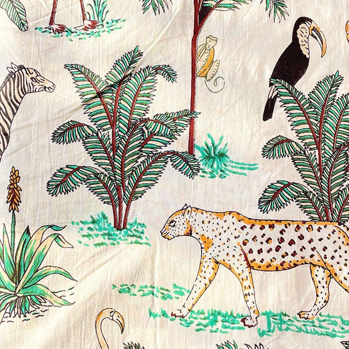 White Tropical Safari Hand Screenprinted Cotton Fabric-fabric-House of Ekam