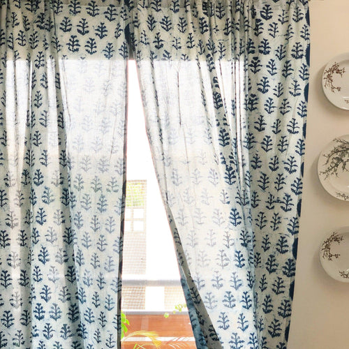 White Twig Indigo Semi Sheer Curtain-Curtains-House of Ekam