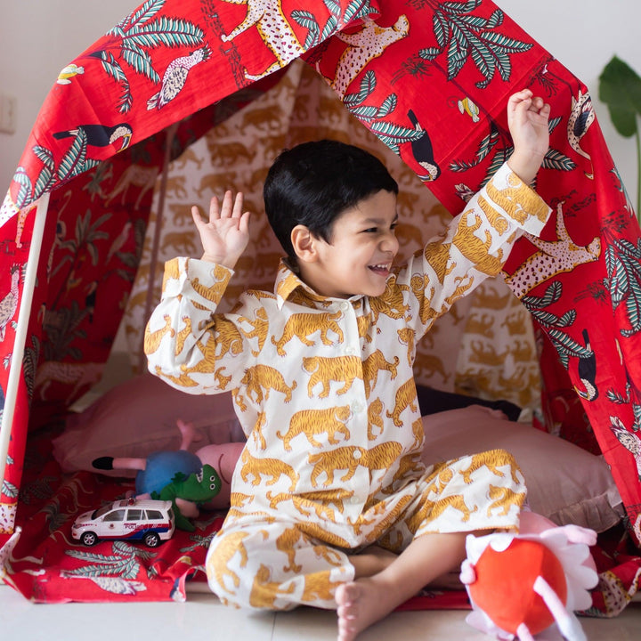 White &amp; Yellow Tiger Blockprint Boys Nightsuit Set-Kidswear-House of Ekam