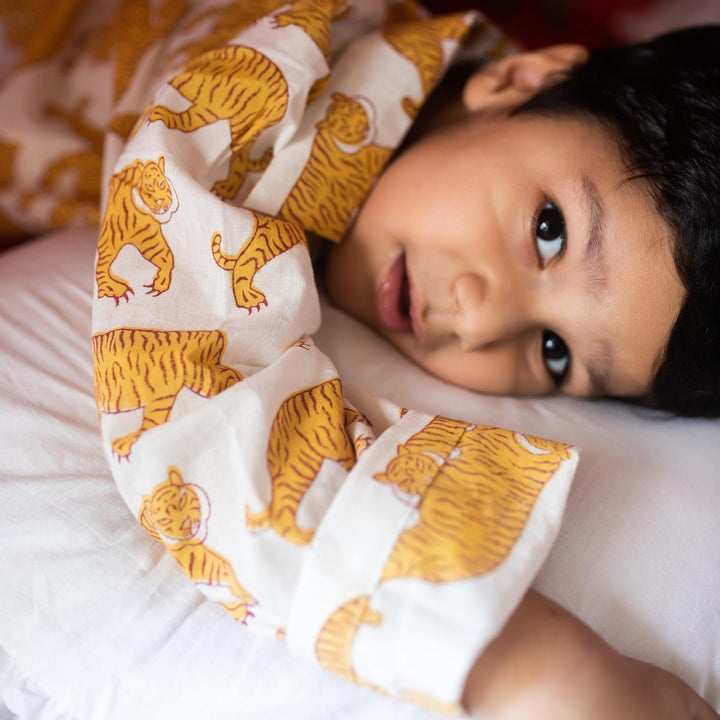 White &amp; Yellow Tiger Blockprint Boys Nightsuit Set-Kidswear-House of Ekam
