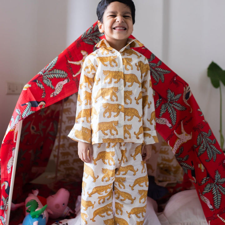 White &amp; Yellow Tiger Blockprint Boys Nightsuit Set-Kidswear-House of Ekam