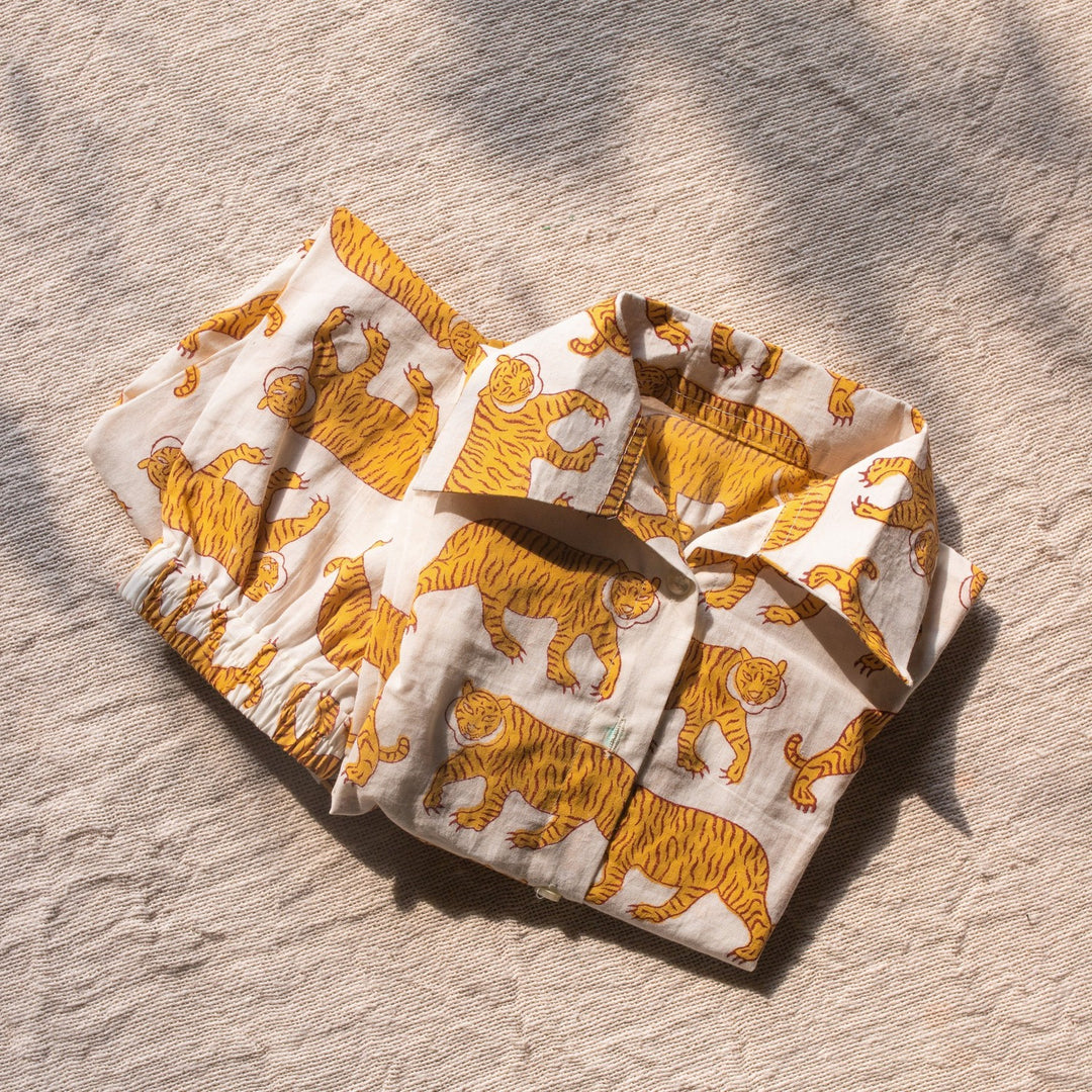 White &amp; Yellow Tiger Blockprint Boys Nightsuit Set-Kidswear-House of Ekam