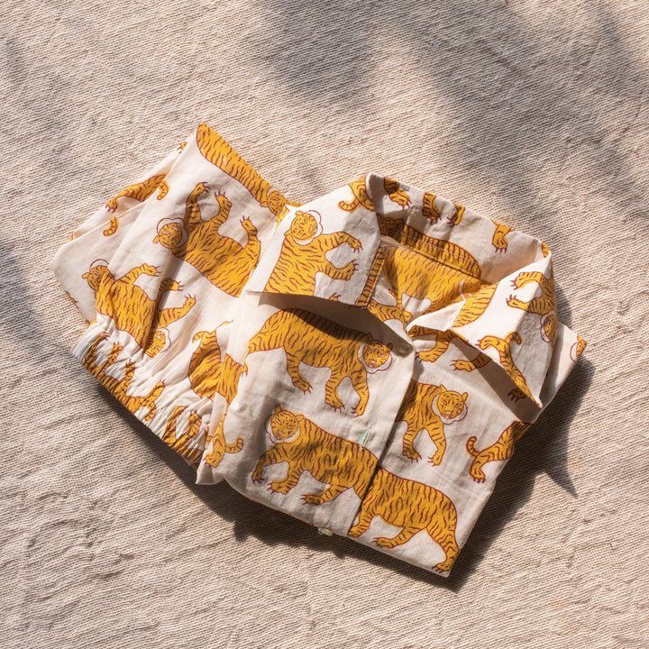 White &amp; Yellow Tiger Blockprint Boys Nightsuit Set-Kidswear-House of Ekam