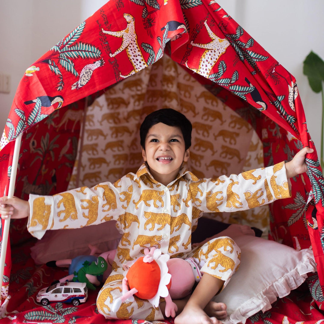 White &amp; Yellow Tiger Blockprint Boys Nightsuit Set-Kidswear-House of Ekam