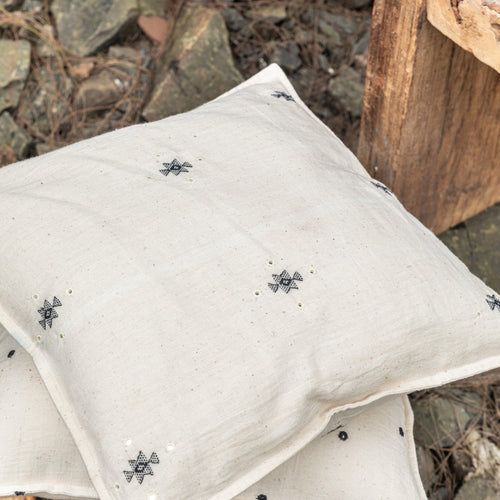 White and Black Chaumukh with Mirror Kutch Handmade Cotton Cushion Cover-Cushion Covers-House of Ekam