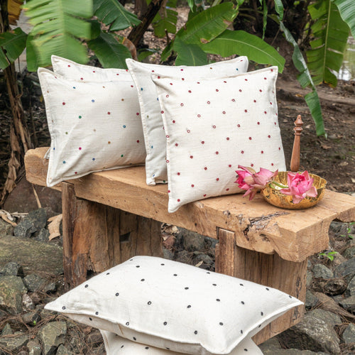 White and Black Chaumukh with Mirror Kutch Handmade Cotton Cushion Cover-Cushion Covers-House of Ekam