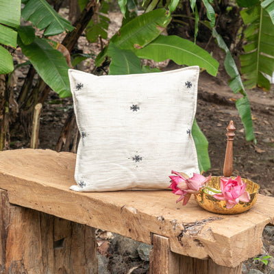 White and Black Chaumukh with Mirror Kutch Handmade Cotton Cushion Cover-Cushion Covers-House of Ekam